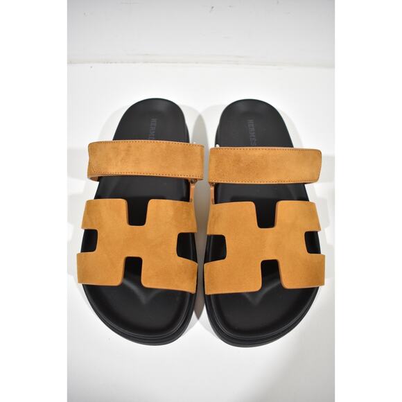 Hermes Chypre Sandal Black Naturel Gold Suede H Logo Strap Slide Slip On Flat 38 - Picture 4 of 10